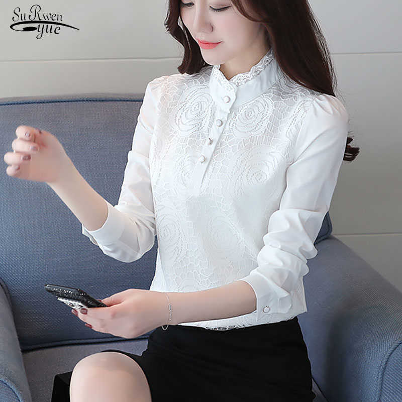 

Spring Lace Solid Chiffon Blouse Plus Size Women Summer Female White Shirt Tops Office Lady Stand Collar Casual Tops 5814 210527, Black