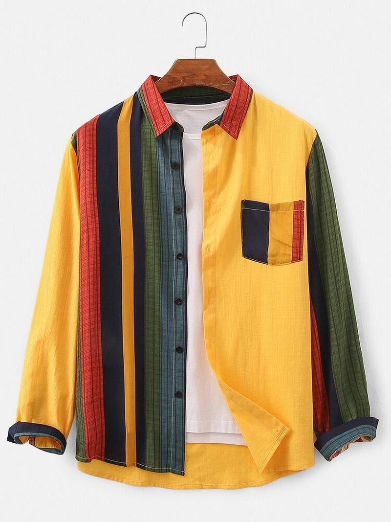 

Men' Casual Shirts Men Clothing 2021 Spring Autumn Style Long-sleeved Shirt Striped Stitching Loose Camisas Para Hombre, Yellow