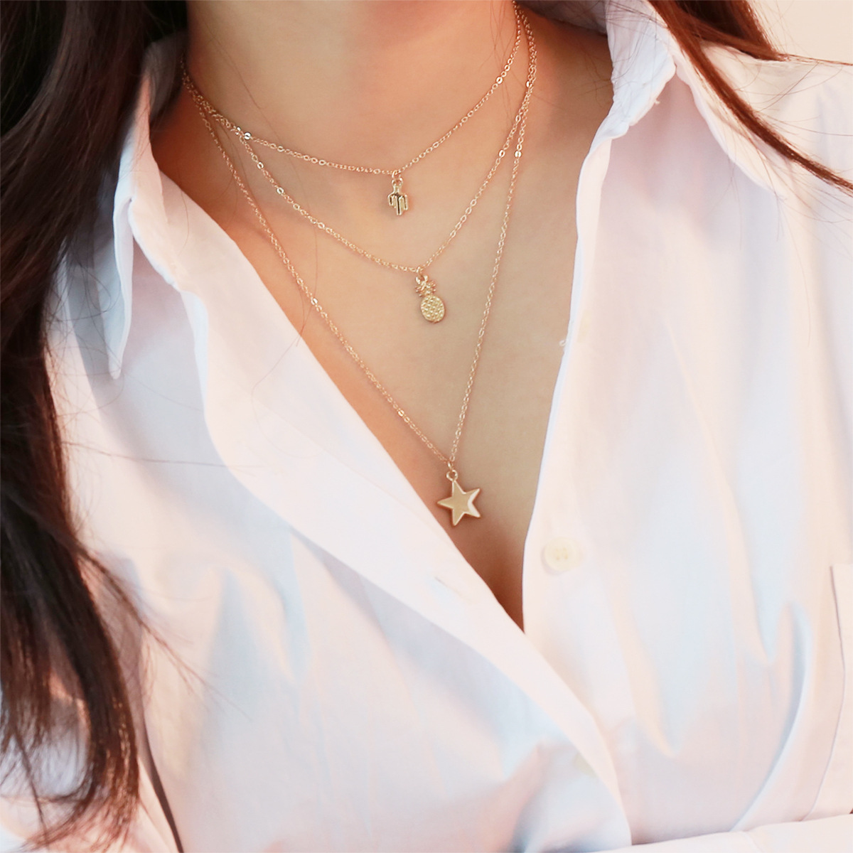 

fashion retro pendant necklaces personality wild clavicle chain european american style multi-layer five-pointed star geometric necklace jew, Silver
