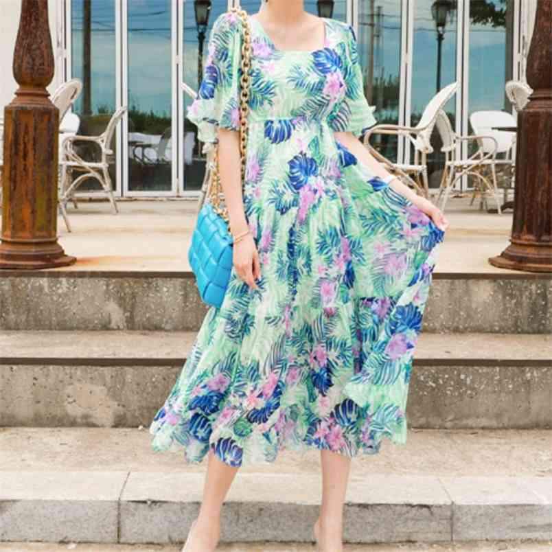 

Vintage Fashion Printed Dress For Women Square Collar Short Sleeve High Waist Summer Elegant Holiday Casual Robe 210519, Photo color