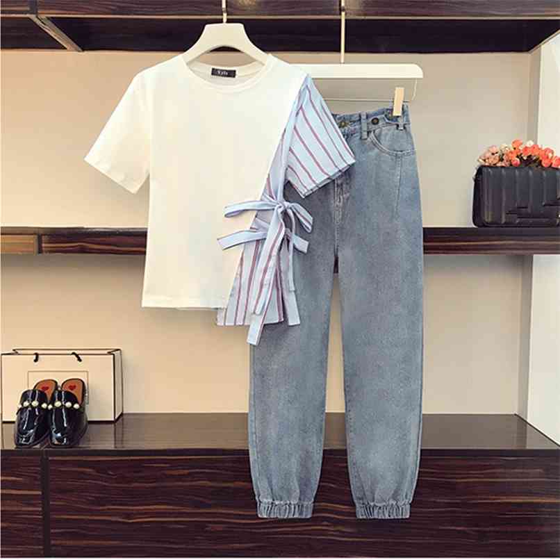 

Chic Striped stitching Short-sleeved Bow Tie T-shirt Two piece set Women High Waist Harem Pants Jeans Sets Female Denim Outfits 210602, Only tshirt