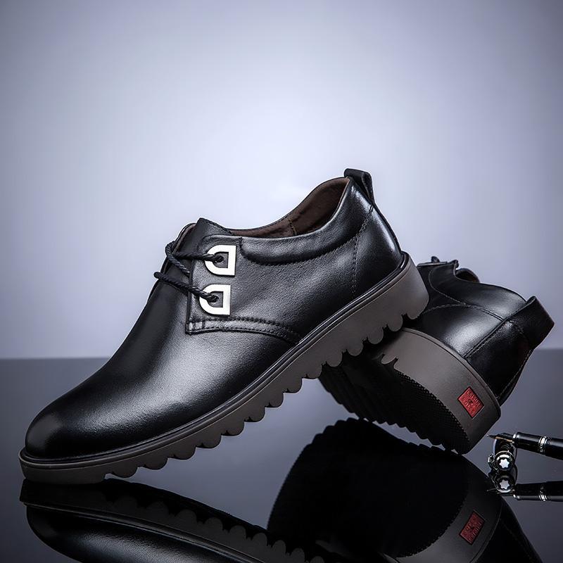 

Brand Genuine Leather Men Business Dress Pointy Black Shoes Lace Up Breathable Outdoor Party Formal Wedding Basic