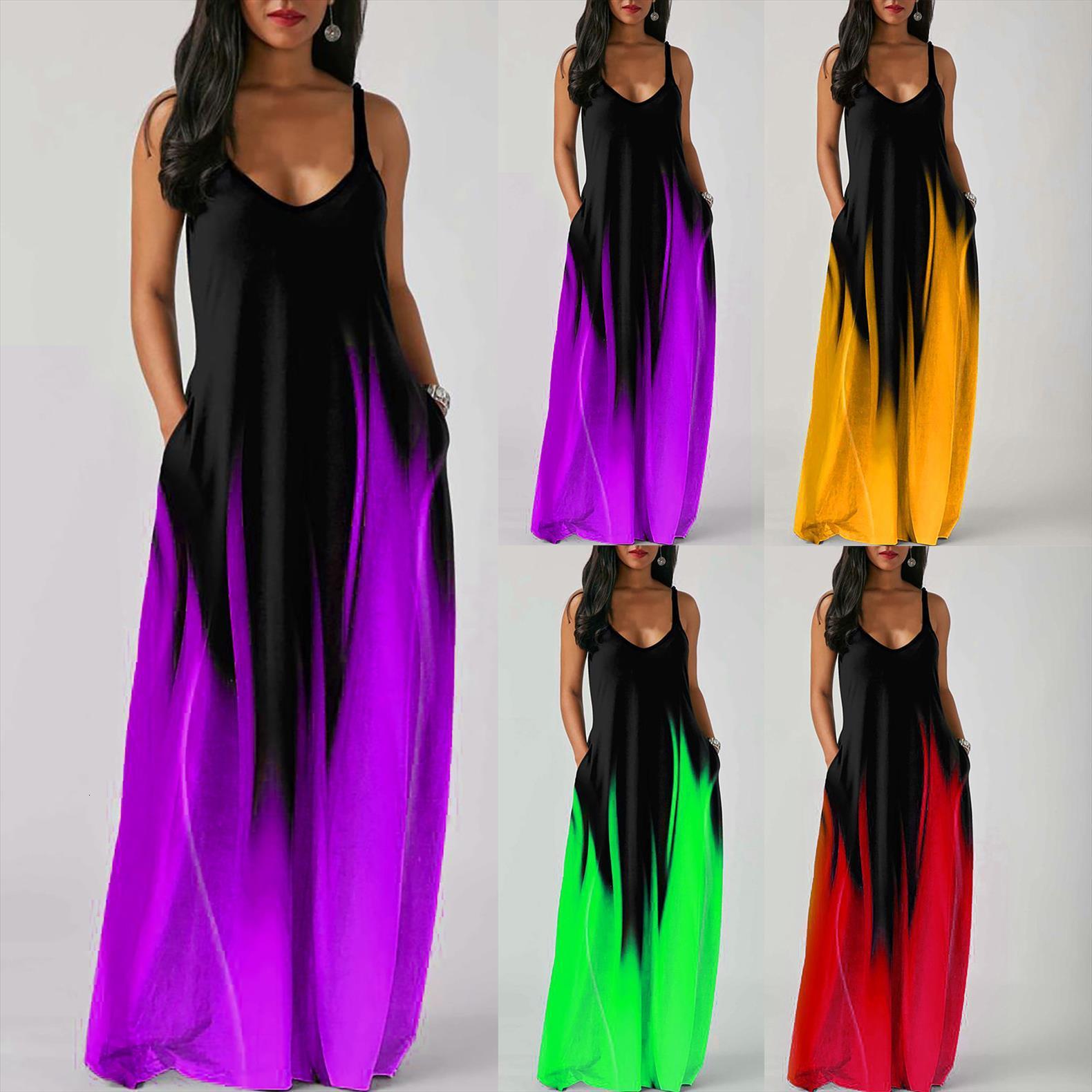 

fashion casual womens dresses plus size tie dy gradient o neck pockets sleeveless maxi long, Black;gray