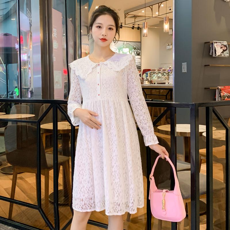 

Maternity Dresses 5233# Turn Down Collar Dress Long Sleeves Lace Decoration Midi Pregnancy Pregnant Woman Mom, White