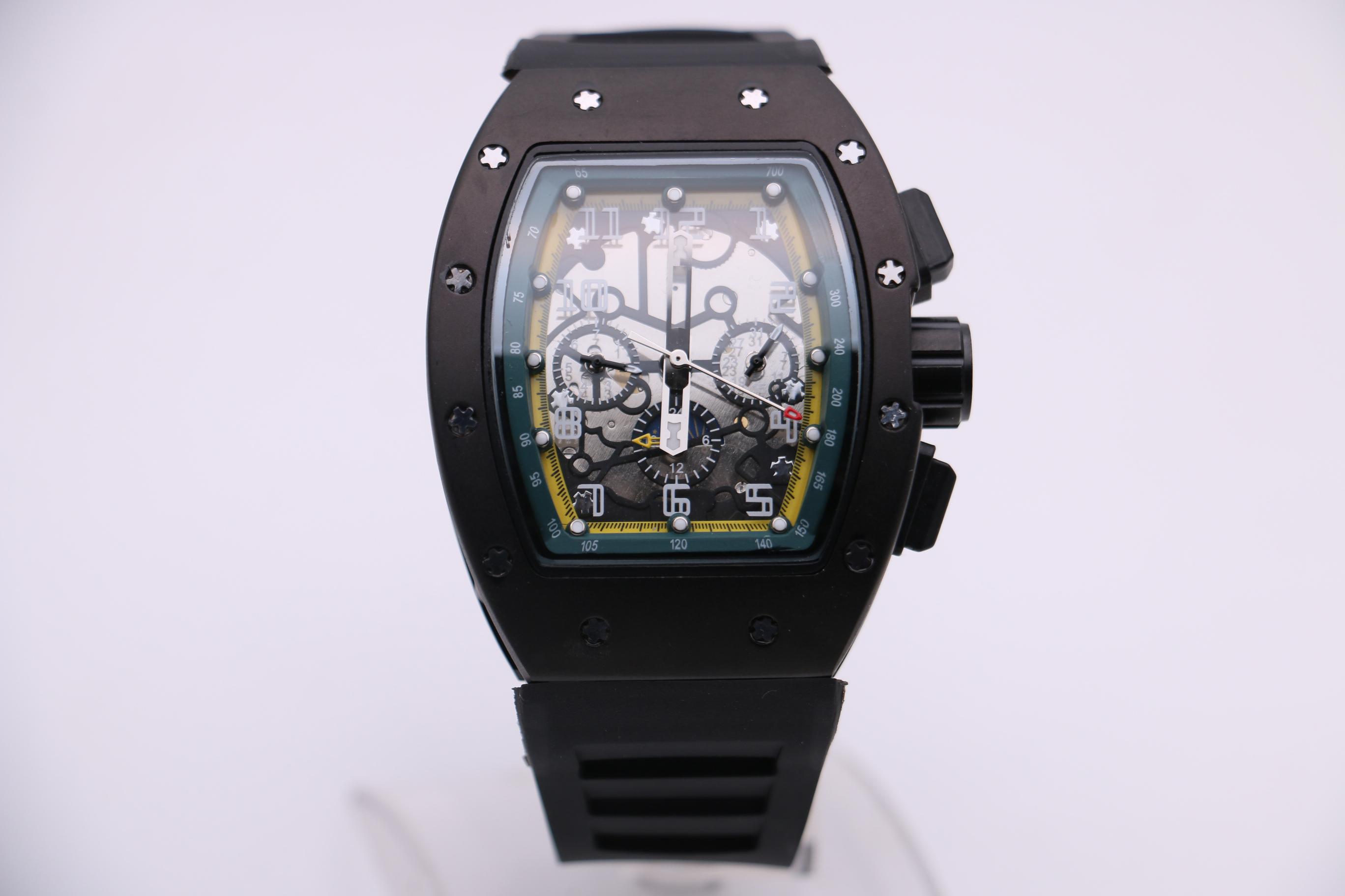 

Men's mechanical watch 011 black stainless steel green inner ring case rubber strap 12 six-pin multi-function pin buckle 45mm, Multi-color