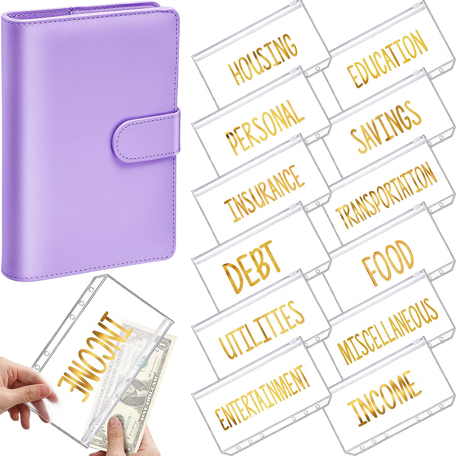 

A6 PU Leather Binder Budget Cash Envelope Organizer Personal Wallet ,12 Binder Pockets Zipper Folders for Planner Saving Money 0224