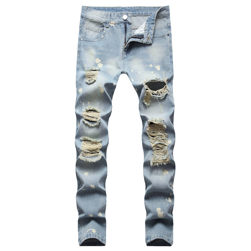 

Ripped straight washed casual Jeans youth nostalgic men's trousers, Light blue