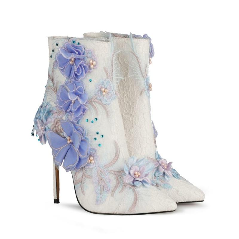 

Boots US4-12 Womens Flowers Embroidery DIY Lace Ankle Stilettos High Heel Side Zip Wedding Bridal White Sweet Shoes Plu, 6.5cm heel