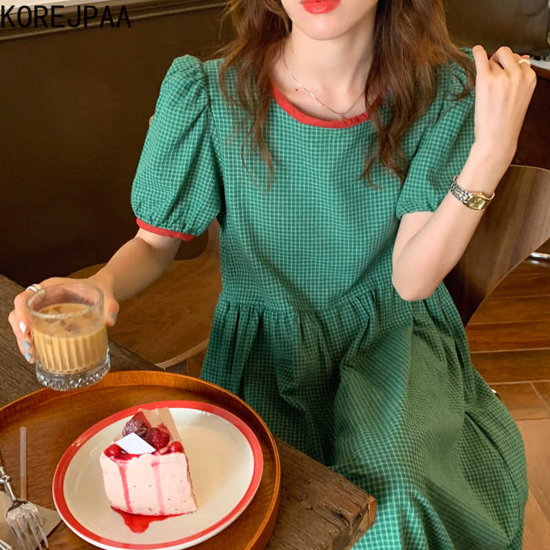 

Korejpaa Women Dress Summer Retro Age-Reducing Contrast Color Edging Plaid Design Loose Versatile Puff Sleeve Vestidos 210526, Green plaid