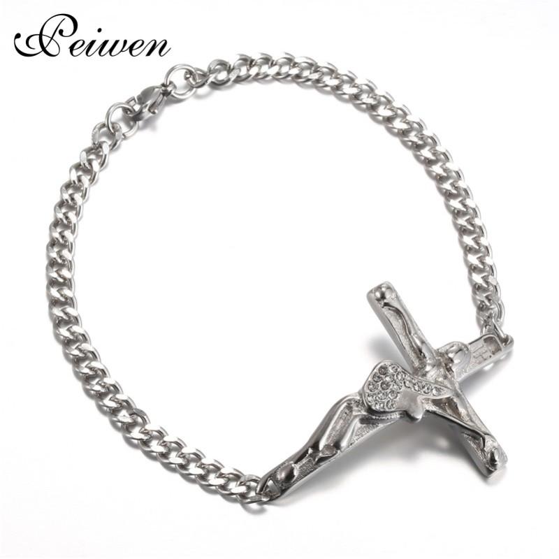 

Link, Chain Fashion Guitar Cross Charm Bracelet Johnny Hallyday Stainless Steel Men Jewelry White Stone Christian Crucifix, Black