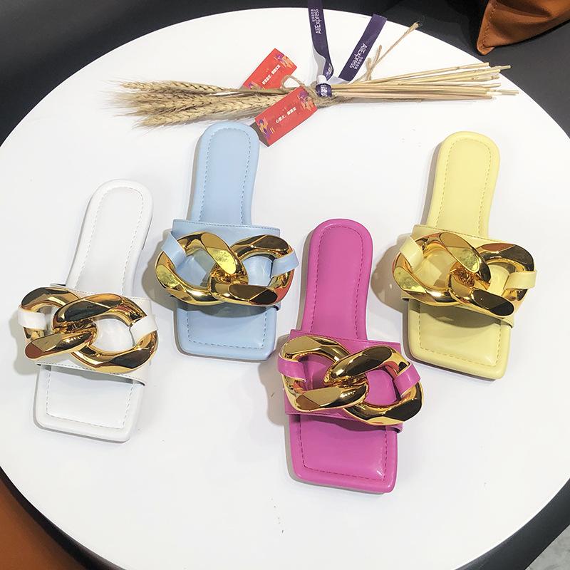 

Slippers 2021 Summer Women Female Brand Design Gold Chain Square Open Toe Slide Sabdals Slip On Outdoor Flat, F18-yellow