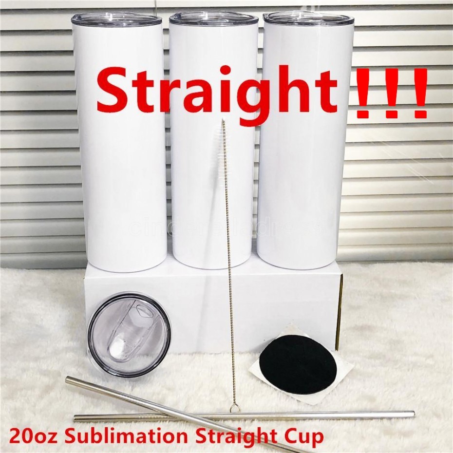 

US Local Warehouse Blank Sublimation Tumbler 20oz STRAIGHT Tumbler Cups Stainless Steel slim Insulated Tapered Beer Coffee Mugs 50cups/box C0113, Only metal straw