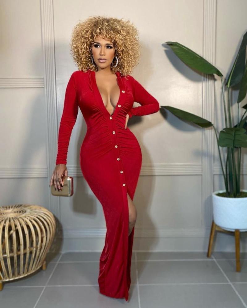 

Casual Dresses 2022 Fall Winter Women Velvet Button Up High Slit Maxi Midi Bodycon Dress Sexy Club Party Long Sleeve Vestidos, Black;gray