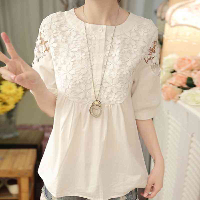 

Short Sleeve Summer Blouse Women Blusas Mujer De Moda Verano Blouses Femme Tops O-Neck Hollow Lace White Blouse Shirt E707 210602
