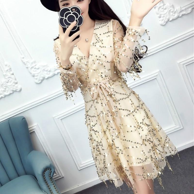 

Autumn V-Neck Sequined Tassels Dress Long-sleeved Sexy Beaded Fringed Slim Waist Big Swing Belted Mesh Spliced A-Line Vestidos Casual Dresse, Black;gray
