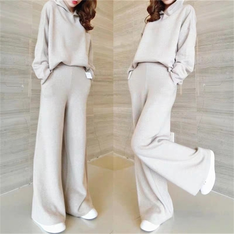 

autumn winter Women Solid Color Hooded Pullover Knit Sweater + Casual Wide Leg Pants Fashion Two Piece Set 210520, Apricot