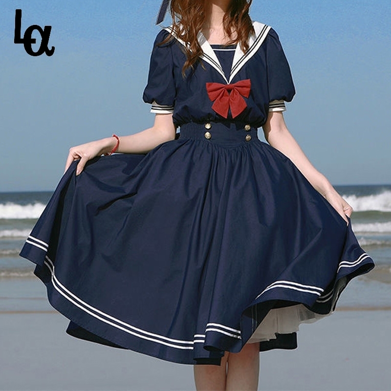 

Harajuku Sailor Collar Navy Dress Japanese Lolita Sweet Bow-knot Retro Cotton Kawaii Preppy Style Long Sleeve 210519, Navy blue