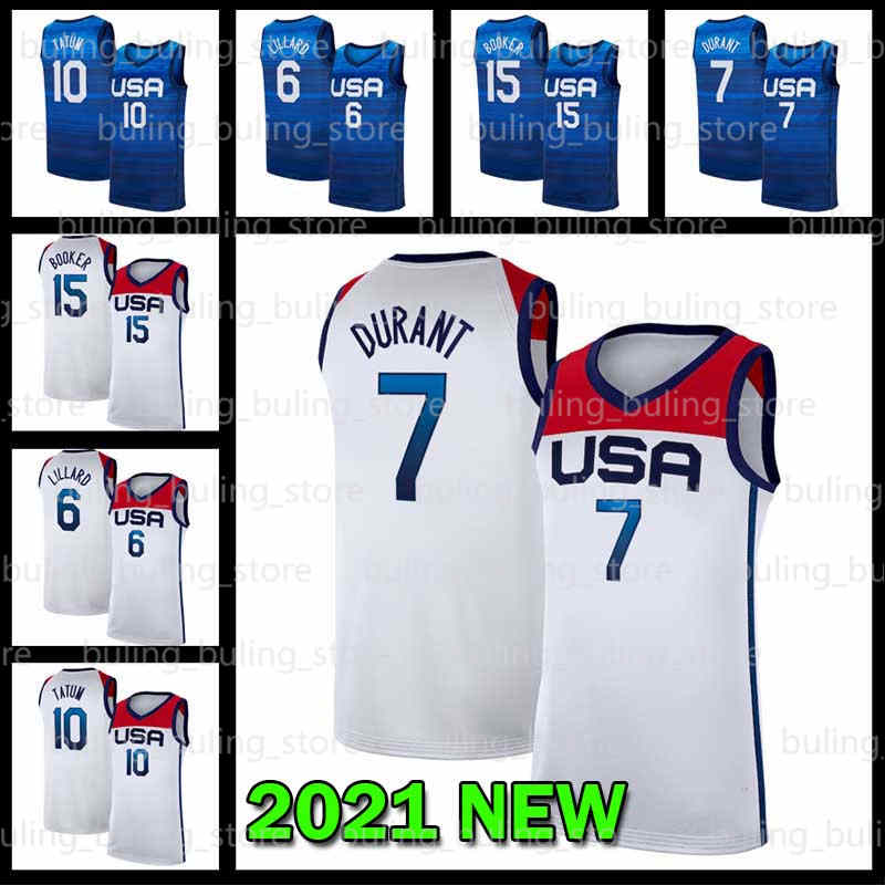 

Kevin 7 Durant Jersey Damian 6 Lillard Devin 15 Booker Jayson 10 Tatum America Men White Blue Away Home 2021 Tokyo Olympics Summer Basketball Jerseys, 2021 new jersey
