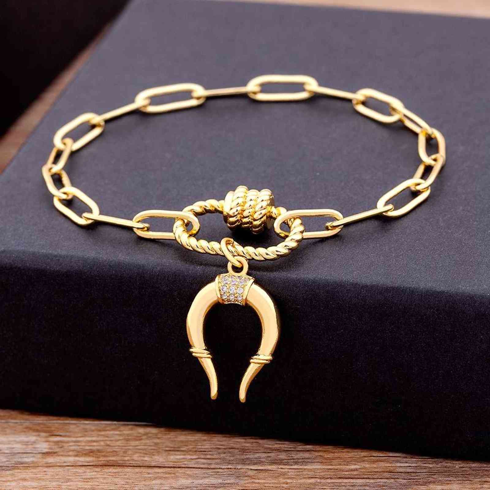 

New Trendy Simple Horn Charming Link Bracelet Unique Chain Gift for Women Men Copper Zircon Diy Punk Style Jewelry