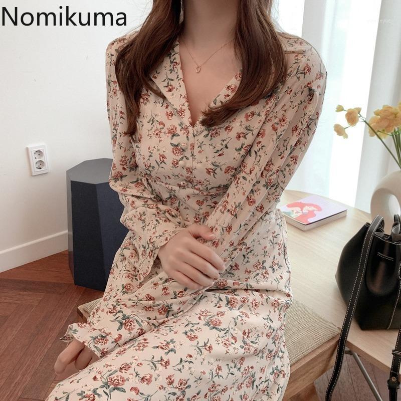 

Casual Dresses Nomikuma Vestidos Mujer Floral Printed Vintage Chiffon Dress Women Long Sleeve Slim Waist Mid Calf Korean Fashion 3c655, Photo color dress