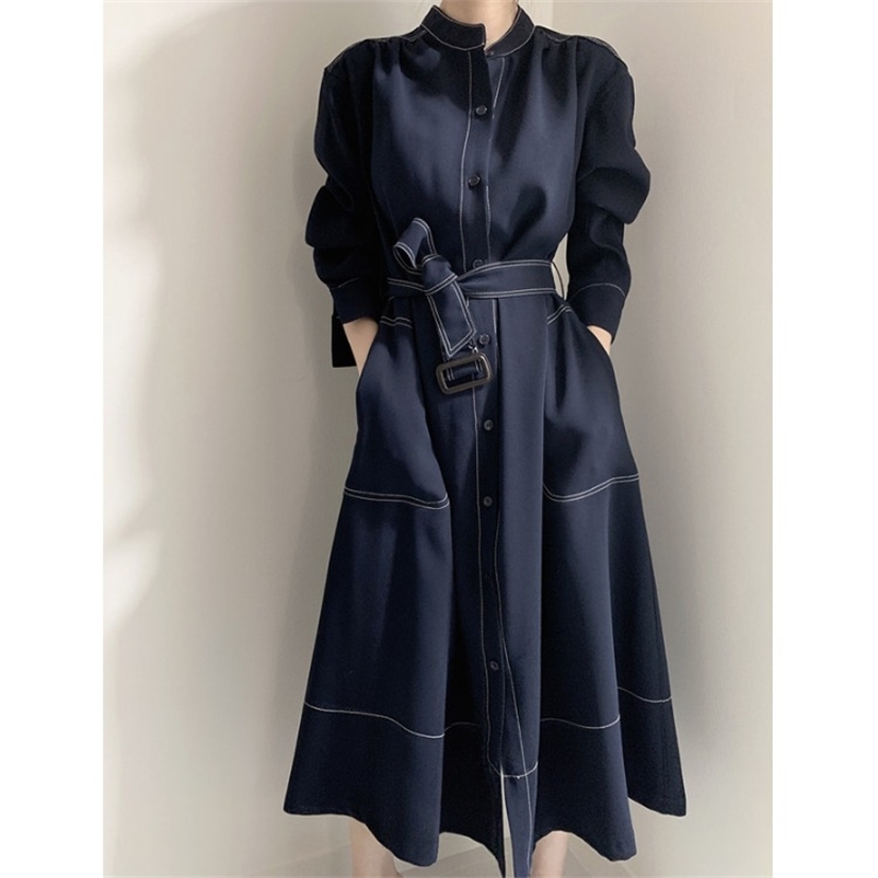 

Korean autumn loose temperament stand-up collar single-breasted lace dres 210603, Dark blue