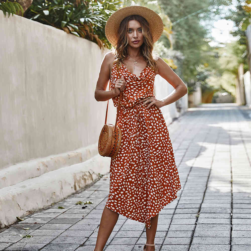 

Summer Dress Women Asymmetrical Spaghetti Straps V-Neck Sleeveless Ruched Dot Printed Dresses Casual Dress Vestido De Festa 210521, Navy blue