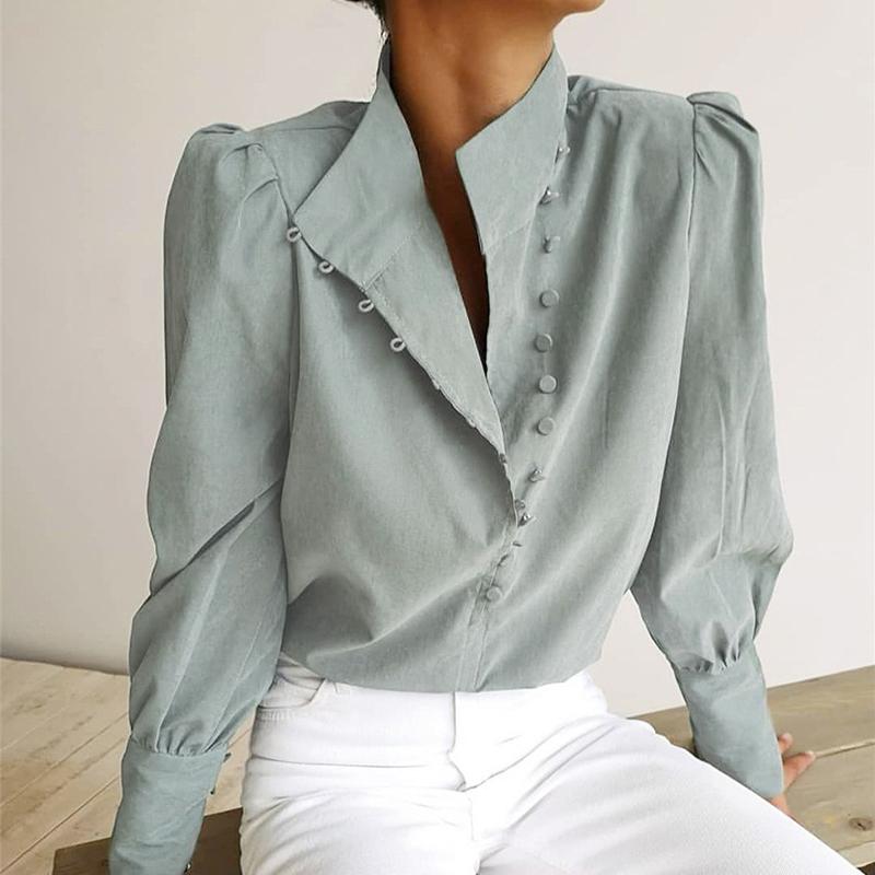 

Women's Blouses & Shirts Elegant Turtleneck Blouse Long Sleeve White Shirt Office Ladies Top Casual Solid Single-Breasted Puff Womens
