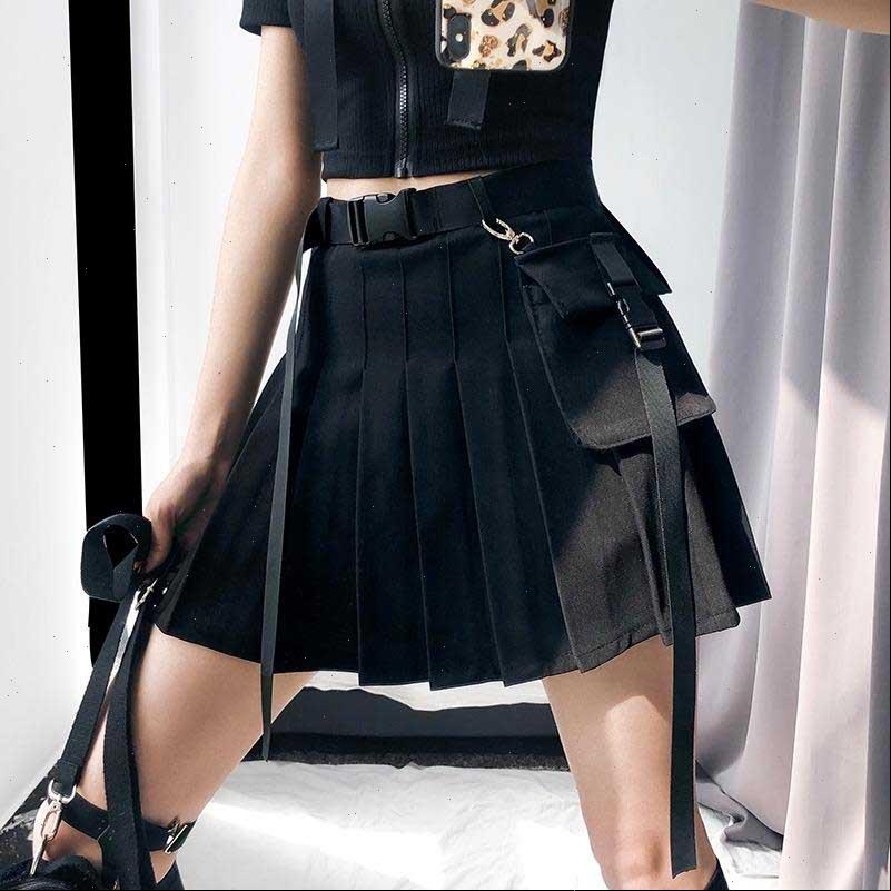 

NiceMixs Streetwear Women Skirts Side pocket Mini Punk Tartan Red Sashes Fashion Pleated Sexy harajuku saia short, Black