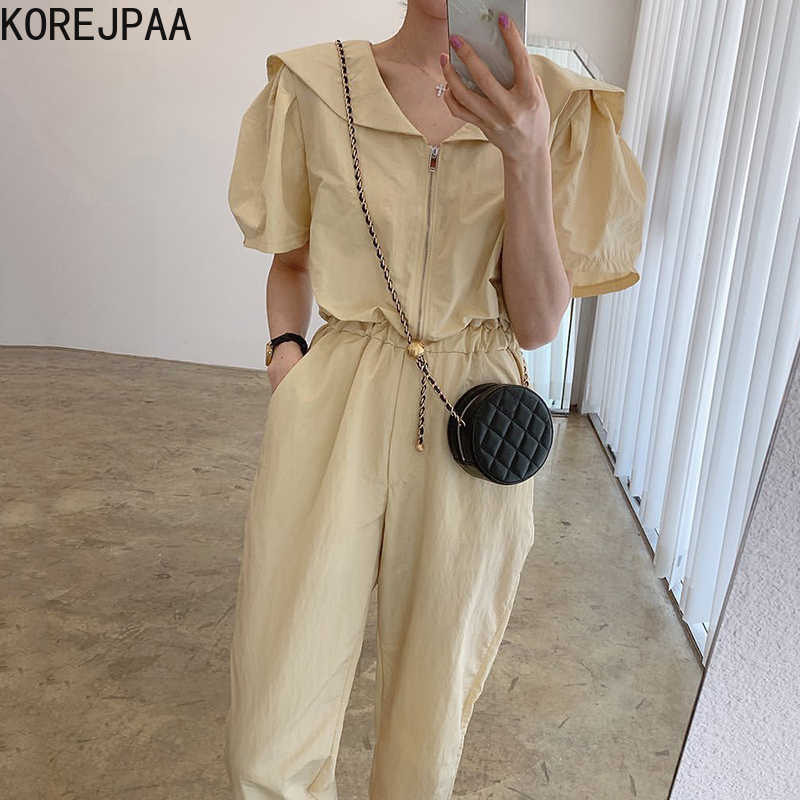 

Korejpaa Women Jumpsuits Summer Niche Simple Lapel Pleated Elastic High Waist Zipper Design Puff Sleeve Drawstring Jumpsuit 210526, Apricot