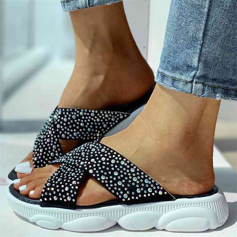 

Women Slippers Summer Bling Crystal Slip On Ladies Sandals Light Platform Wedge Shoes Woman Fashion Casual Female Beach 210628, Black
