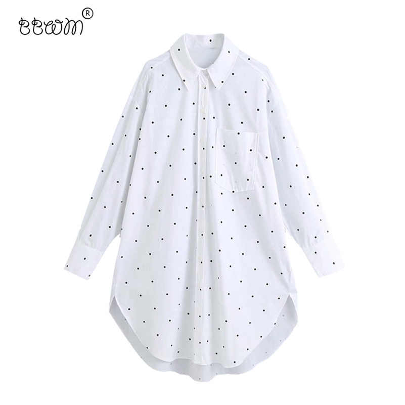 

Women Fashion Chic Oversized Polka Dot Long Blouses Vintage Long Sleeve Pockets Loose Shirts Ladies Chic Tops 210520, As picture