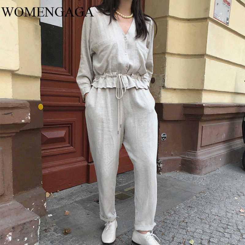 

Korea Long Sleeve Jumpsuit women' ruffled patchwork Drawstring waist casual straight jumpsuit korean style0AA3 210603, Beige