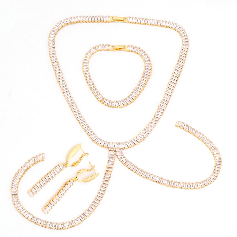 

Earrings & Necklace Gold Color Bridal Jewelry Set White Zircon Crystal Jewellery For Women Wedding Stones Bracelet, Silver