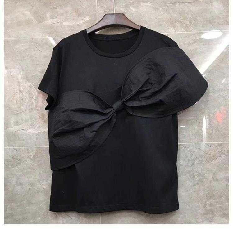 

Three-dimensional Bow Patchwork Cotton Short-sleeved O Neck Solid T-shirt Women' Spring Summer Loose Tops 210615, White