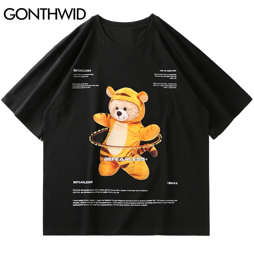 

Tees Shirts Streetwear Hip Hop Funny Bear T-Shirts Harajuku Fashion Casual Short Sleeve Tshirts Mens Summer Cotton Tops 210602, Black