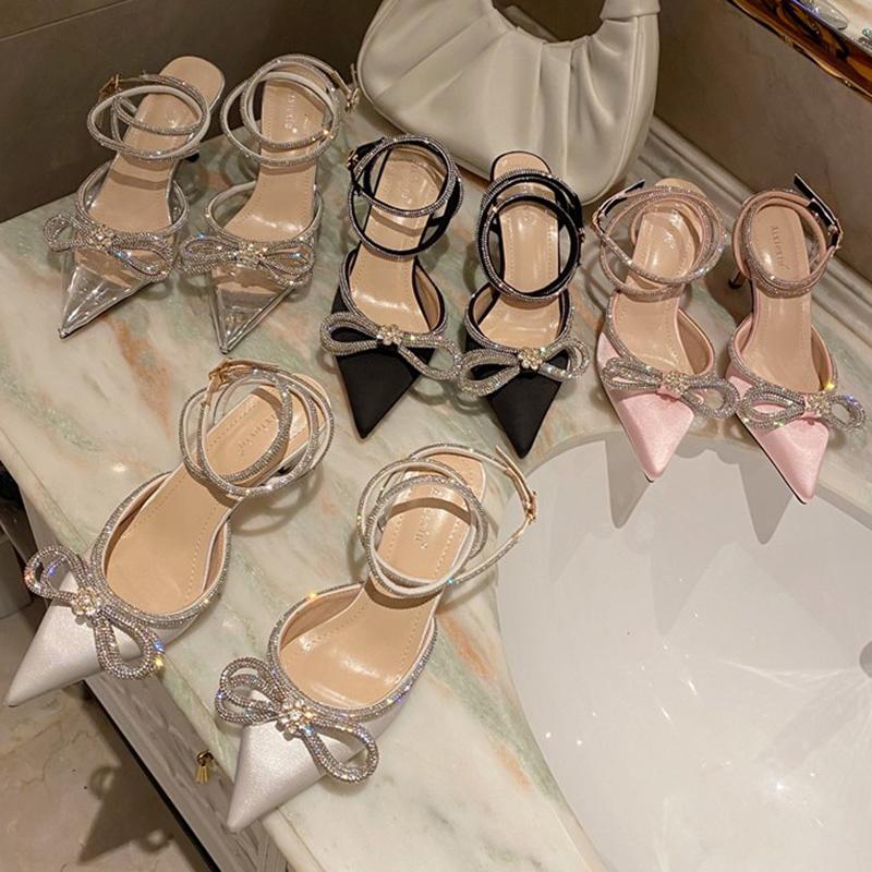 

Sandals 2021 Summer Luxury Women Bling Crystal 7cm High Heels Pink Clear Rhinestone Prom Cinderella Wedding Shoes, Black