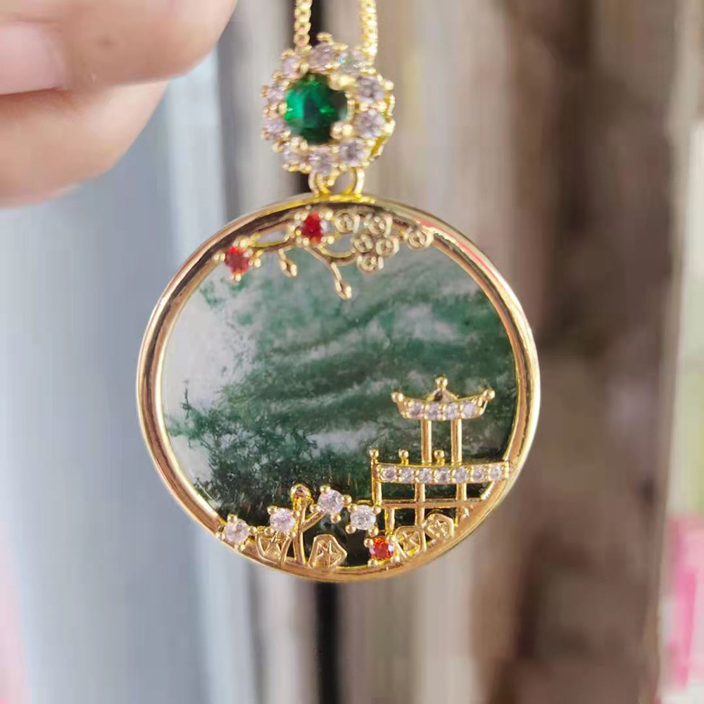 

High Quality 14K Gold Plated Natural Moss Agate Pendant In 925 Sterling Silver Engagement Wedding Jewelry For Gift