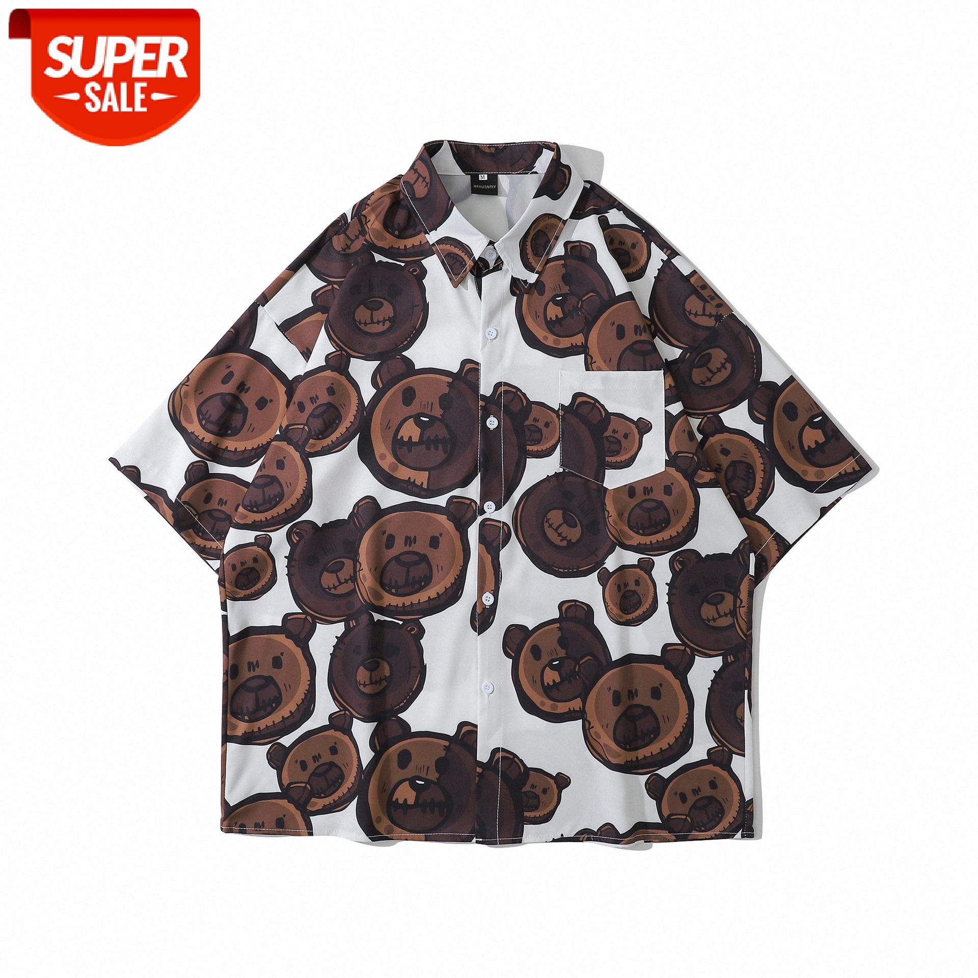 

INS bear full print shirt male Wei Yi short-sleeved couple oversize top #N84e, White;black