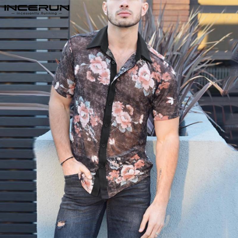 

Fashion Printed Men Shirts INCERUN Short Sleeve Lapel Mesh Blouse 2021 Summer Flower Floral Camisa Casual Button Loose Tops 5XL Men, Black