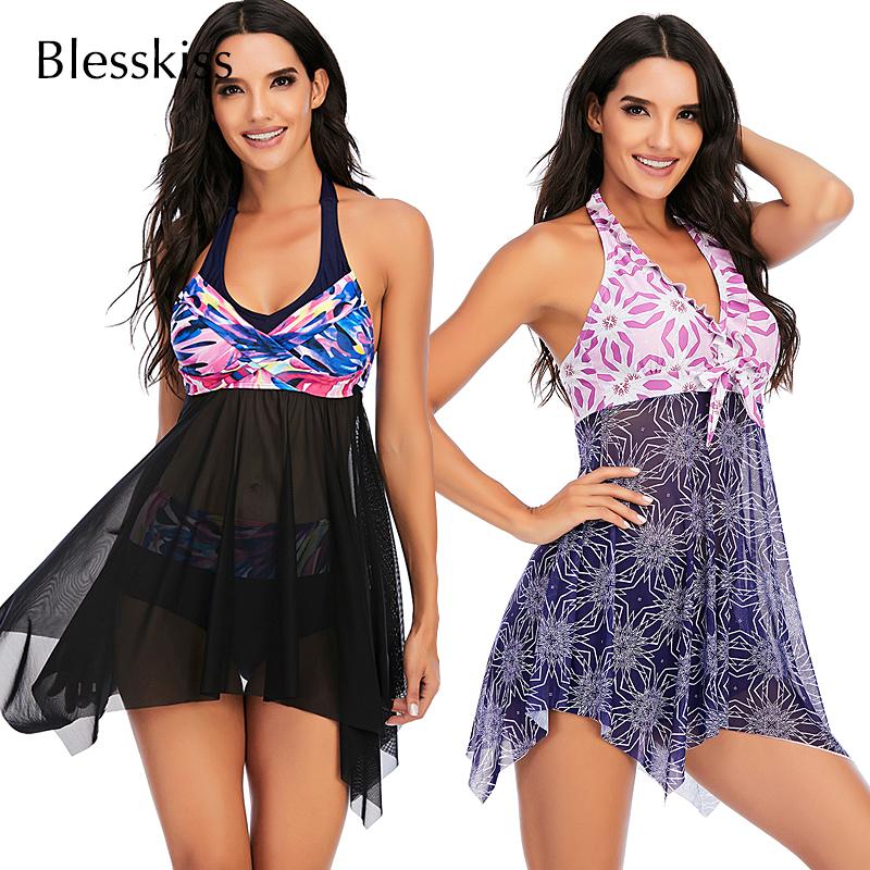 

Mesh Swim Drsss Tankini Swimsuits Women 2021 Printed Padded 2 Two Pieces Plus Size Swimwear Bikini Set Bathing Suits One-Piece