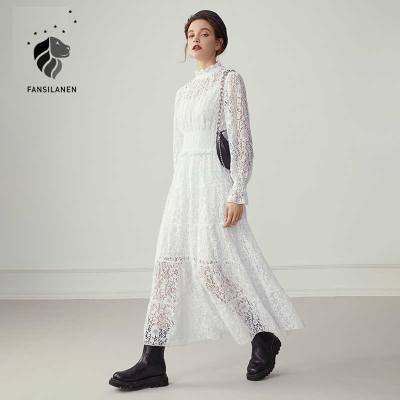 

FANSILANEN Sexy hollow out white long lace dress Women flare sleeve ruffle elegant Female autumn transparent party 210607, Apricot