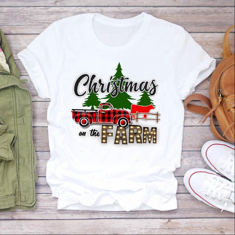 

women t shirts cartoon truck animal tree year merry christmas print tshirts clothes graphic female shirt ladies tee, White