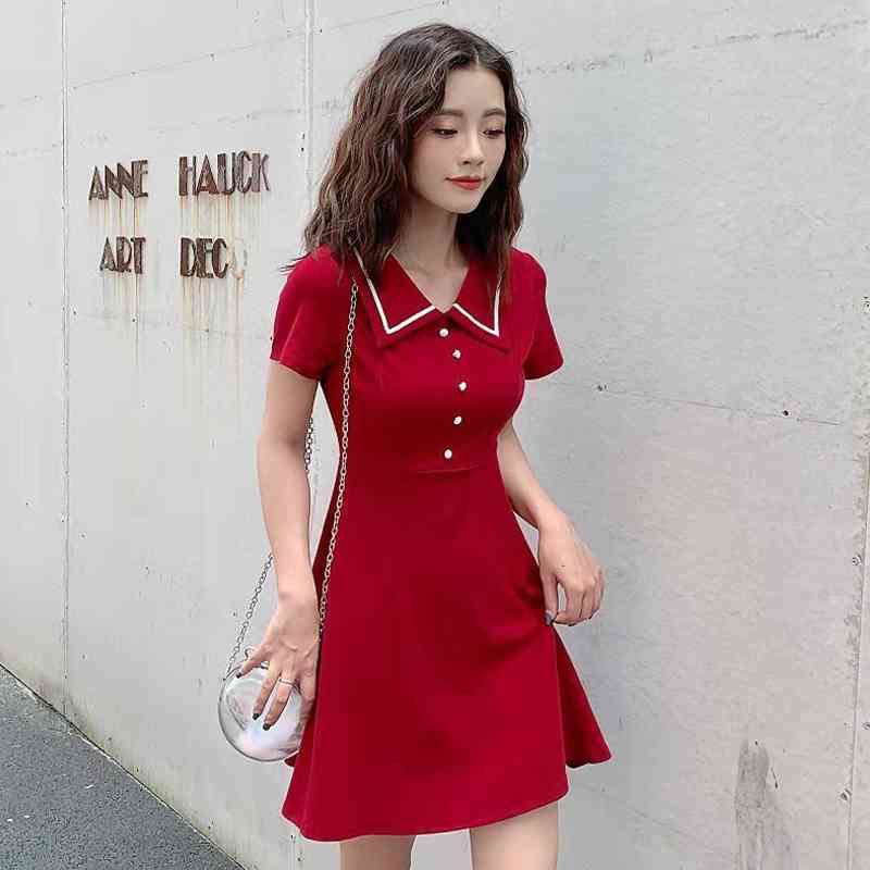 

Korean style Chic Short Sleeve Button Women Mini Dress Turn-Down Collar Solid Color Ladies Dresses Summer Female Robe 210521, Random color