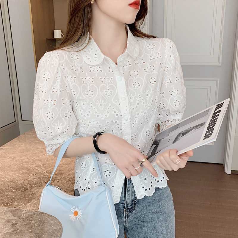

Summer Lace Shirt Hook Flower Hollow Blouse Korean Style Fashion Women' Tops Temperament Short Sleeve Slim Shirt 14030 210527, White