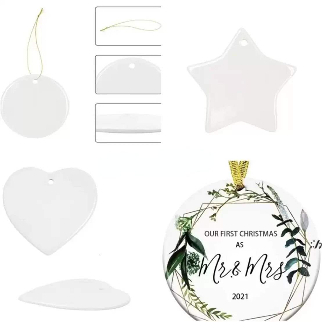 

NEW!!! 3-inch Sublimation Blank White Chirstmas Engaged Customized Ornament Round Heart Circle Star Shape Ceramic Xmas Tree Decor Hangtag