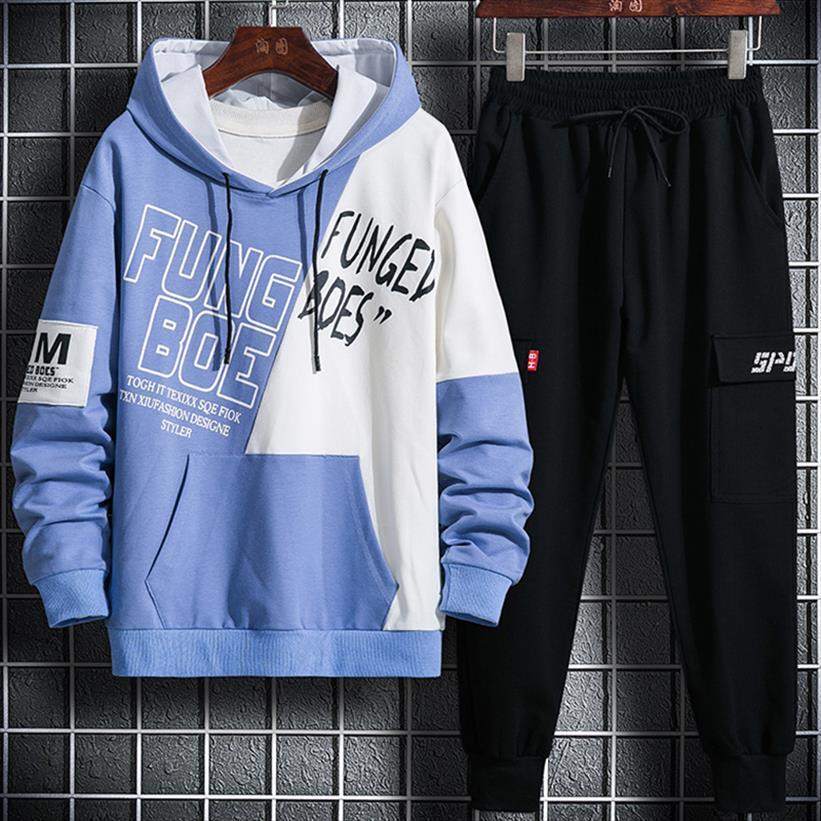 

hip hop cotton sets mens tracksuits fung boes printed hoodies and pants patchwork sportswear men fashion clothing size 3xl, Gray
