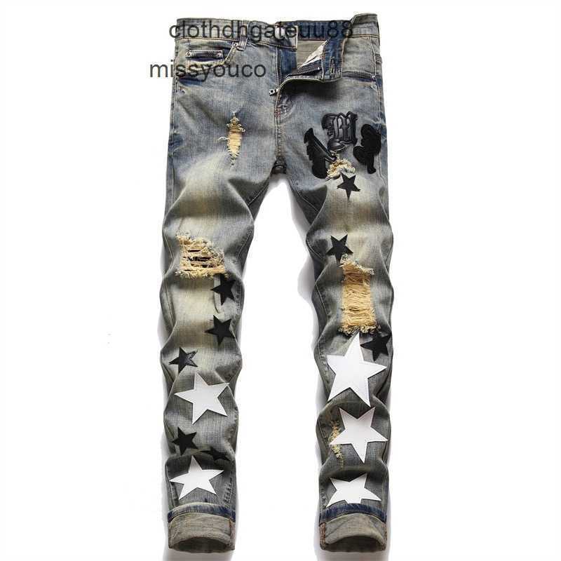 

amir mens jeans hip hop street Motorcycle Biker jean pants Denim style amiry slim fit elastic hole fashion men's Embroidery, Nostalgic blue