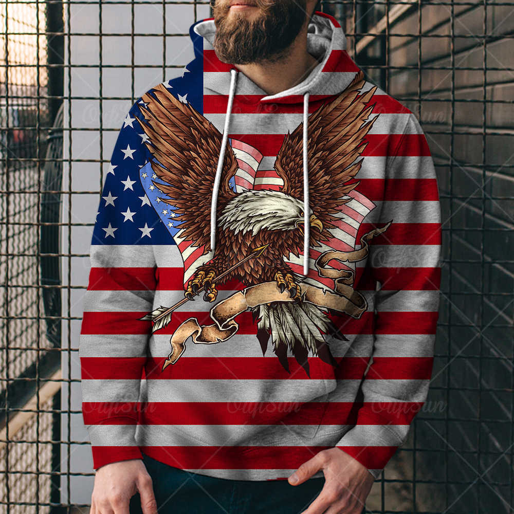 

spring and autumn leisure fashion new popular american flag eagle 3d printed men's sweater trend pullover hoodiepgbm, Black