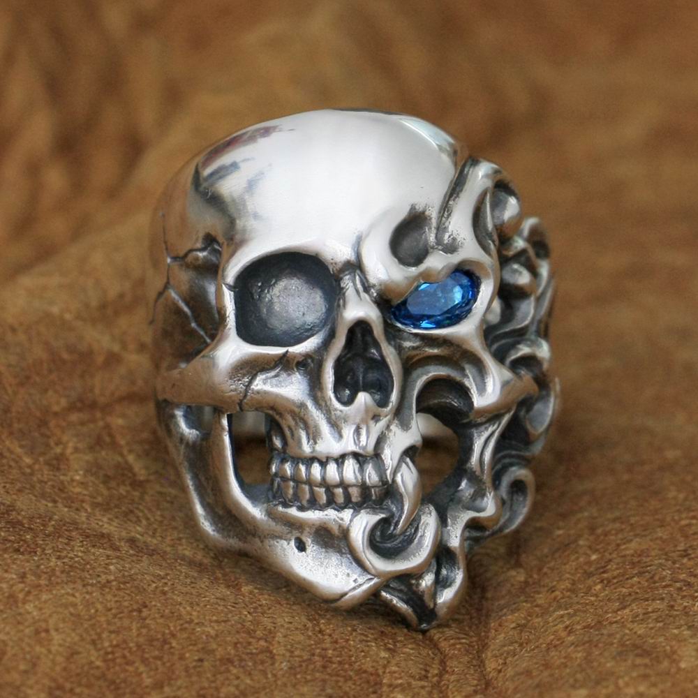 

LINSION CZ Eye 925 Sterling Silver Fire Skull Mens Punk Ring TA282 US Size 7~15