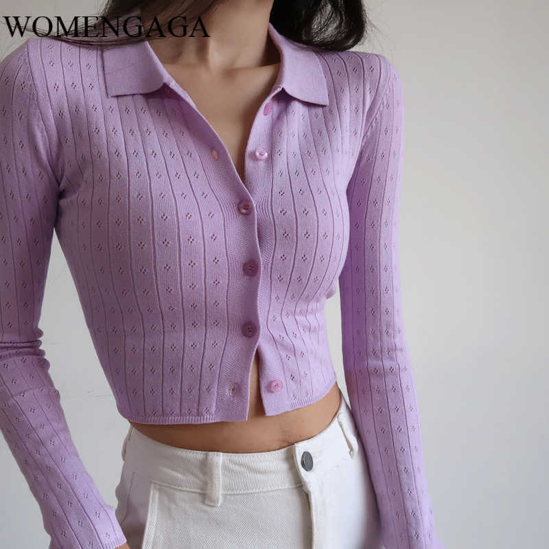 

WOMENGAGA French Small Sailor Collar Hollow-out Knitwear Women' Thin Outer Cardigan High Waist Short Slim Top Sweater UEV8 210603, Light purple